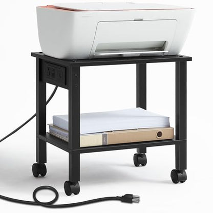 YUFAM 2 Tier Under Desk Printer Stand with Charging Station, Black - color: Black, size: 11.8"D×15.7"W×15.3"H(With USB)