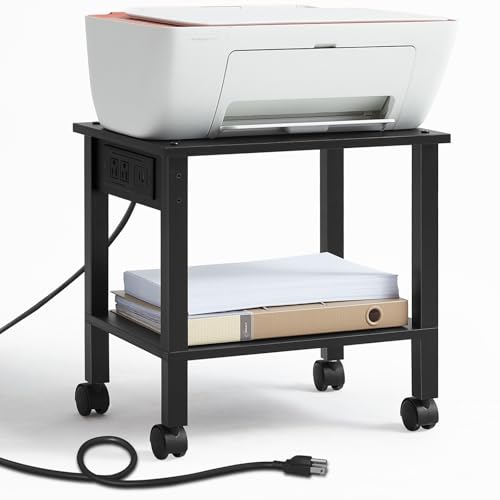 YUFAM 2 Tier Under Desk Printer Stand with Charging Station, Black - color: Black, size: 11.8"D×15.7"W×15.3"H(With USB)