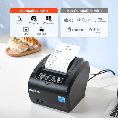 MUNBYN Bluetooth Thermal Receipt Printer 80mm White USB Serial Ethernet | Compatible with Android Windows PC and iOS, does not Support PayPal DoorDash Grubhub, P047 POS Printer for Business Black - color: Black