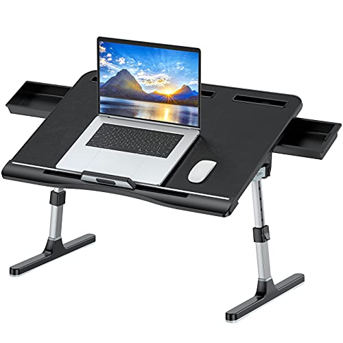 KLEAR Laptop Bed Tray Table with PVC Leather Surface, 2 Drawers, Black, XL | Foldable Lap Desk for Laptop, Multifunctional Adjustable Lap Table for Working,Writing, Gaming, Drawing - color: Black, size: X-Large without Bag (15.7"x23.6")