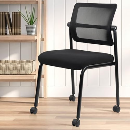 CLATINA Stacking Armless Office Guest Chair with Wheels, Stackable Mesh Waiting Room Reception Desk Chairs with Adjustable Backrest for Conference Lobby Side School, Black, 8PK - size: 8 Pack