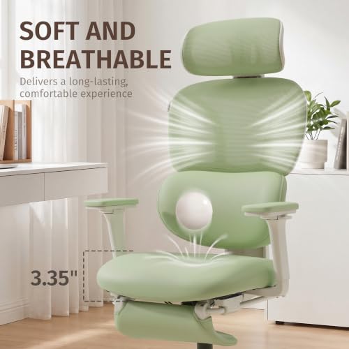 WELAX Ergonomic Office Chair with Lumbar Support, High Back Home Desk Chair with 3D Headrest & 4D Armrests, S3 Pro Ergonomic Mesh Office Chair with Footrest, Gaming & Executive Computer Chairs, Green - color: Cloud Green, size: With 16.5'' Footrest