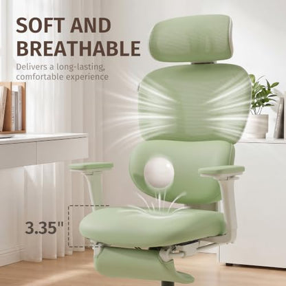 WELAX Ergonomic Office Chair with Lumbar Support, High Back Home Desk Chair with 3D Headrest & 4D Armrests, S3 Pro Ergonomic Mesh Office Chair with Footrest, Gaming & Executive Computer Chairs, Green - color: Cloud Green, size: With 16.5'' Footrest