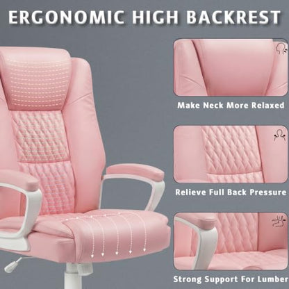 LEMBERI High Back PU Leather Executive Office Chair, Adjustable Swivel Computer Desk Chair with Padded Armrests for Home Office, Pink - color: Pink