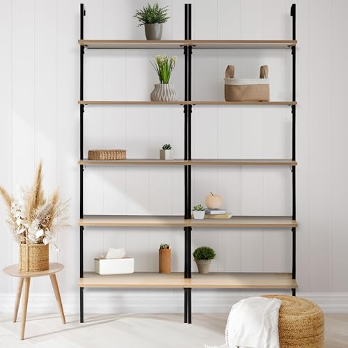 happimess Madera 5-Shelf Wall Mounted Bookcase 72.05", Light Oak/Black - color: Light Oak, size: 5-Tier 72.05"