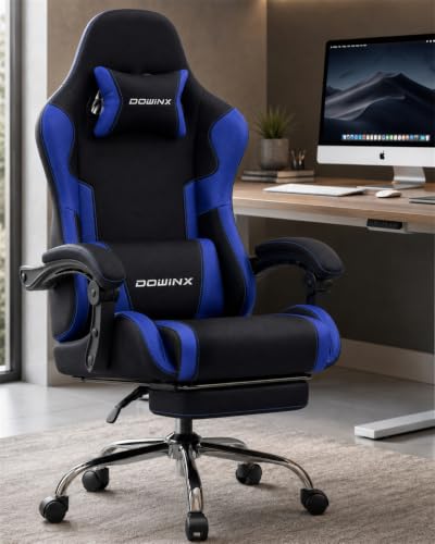 Dowinx Ergonomic Gaming Chair with Footrest & Massage Lumbar, 2D-Linkage Armrests for Computer Chair 330lbs with Headrest Pillow for Office, Home, Streaming and Long Gaming Sessions, Fabric Dark Blue - color: Dark Blue