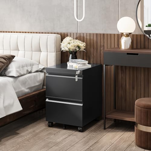 Fesbos 2 Drawers Vertical File Cabinet - Fully Assembled Black Under Desk Mobile Filling Cabinet Small Lockable Home Office File Cabinets for A4/Letter/Legal Size - color: Black, size: 14.6"W-2 Drawers-Fully Assembled