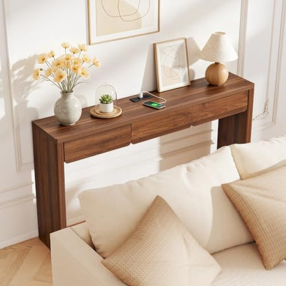 59 Inch Narrow Desk with 3 Drawers and Charging Station - Walnut - color: Walnut, size: 3 drawer