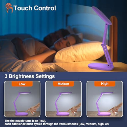 Akejrym LED Desk Lamp for Office Home & Battery Operated Lamp Rechargeable Lamp Foldable & Portable Light, [2-Fold Bracket] 3 Brightness Dimmable Small Desk Lamp Wireless Reading Lamp (Purple) - color: Purple