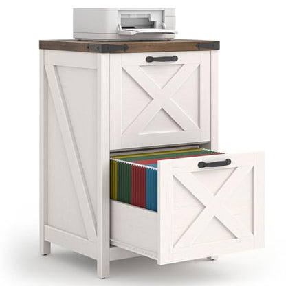 Halitaa Farmhouse File Cabinet with 2 Drawers for Home Office, Rustic White | Vertical Filing Cabinet Fits Letter and A4 Size, Farmhouse Printer Stand, Under Desk Wooden File Cabinet - color: Rustic White
