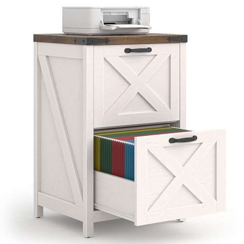 Halitaa Farmhouse File Cabinet with 2 Drawers for Home Office, Rustic White | Vertical Filing Cabinet Fits Letter and A4 Size, Farmhouse Printer Stand, Under Desk Wooden File Cabinet - color: Rustic White