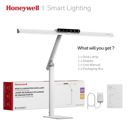 Honeywell HJ1WT 1200LM LED Desk Lamp Dimmable Lamp for Desk | Sunturalux Chips, CRI≥97, 4 Color Temps, Workbench Architect Task Lamp with Base, White - style: White Base