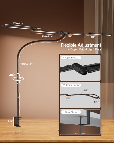 Desk Lamp Clamp Light 24W, Ultra Wide 4 Head Bars, 5 Color Modes Dimming, Multi-Screen Setup for Office, Architect, Black, Aluminum, Adapter Included - size: 4-Head Curved Gooseneck Desk Lamp