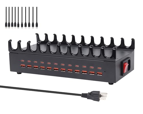 24 Ports 300W Charging Station for Multiple Devices with 10 Cables | USB C Fast Charging Station - Kindle, Phone, Tablet Multi Port Charger Stand for Home, Office, School