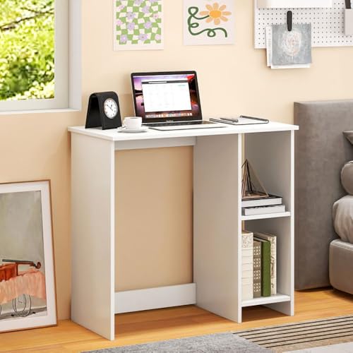 Modern Simple Small Space Home Office Desk 31.5in Engineered Wood Sturdy 290lb Load 2-Tier Storage White - color: White