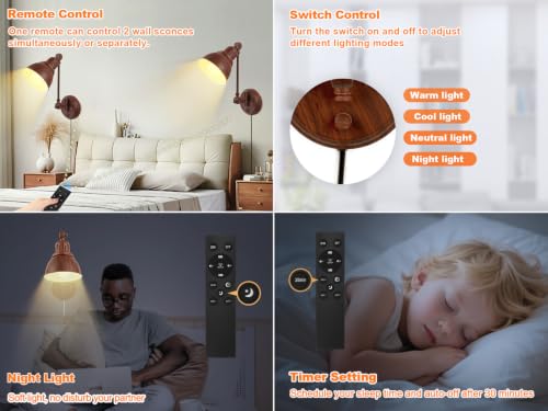 GOODATE 1 Pack Plug in Wall Sconce with Remote Control, Dimming, Adjustable Colors 2700K-6500K, Plug in Wall Light, Swing Arm Wall Lamp with Night Light & Timer, LED Bulb Included, Walnut Finish - size: Walnut-1 PACK(Bulb+Remote)