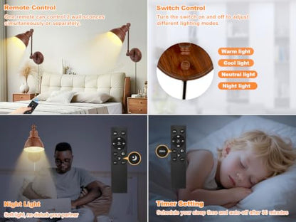 GOODATE 1 Pack Plug in Wall Sconce with Remote Control, Dimming, Adjustable Colors 2700K-6500K, Plug in Wall Light, Swing Arm Wall Lamp with Night Light & Timer, LED Bulb Included, Walnut Finish - size: Walnut-1 PACK(Bulb+Remote)