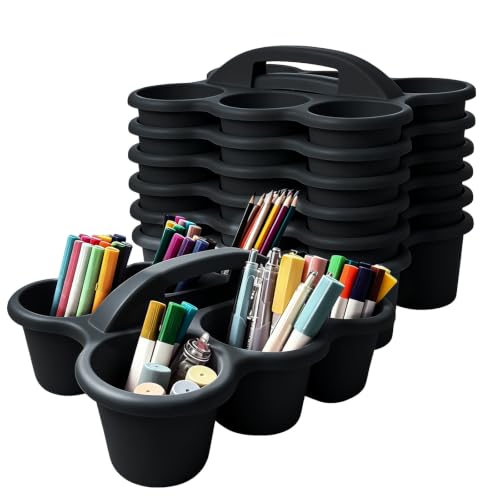 6 Pack Classroom Caddy Organizer with Handle Black Plastic Table Caddy 6 Compartments Storage Cup Holder for School Supplies Art Crafts Crayons Pencils Stackable Desk Caddy for Office Home - color: Black