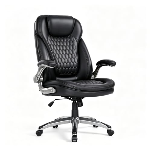 COLAMY High Back Executive Office Chair – Ergonomic PU Leather Desk Chair with Flip-Up Armrests,Height, Lumbar Support, Comfortable Computer Chair for Home Office – Black - color: Black-6686, size: set of 1