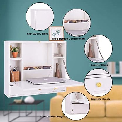 GRAFFY Wall Mounted Table, Multifunctional Folding Hanging Storage Cabinet, Space Saving Computer Desk w/Storage Drawer and Shelves, Wall Mount Laptop Desk for Home Office (White)