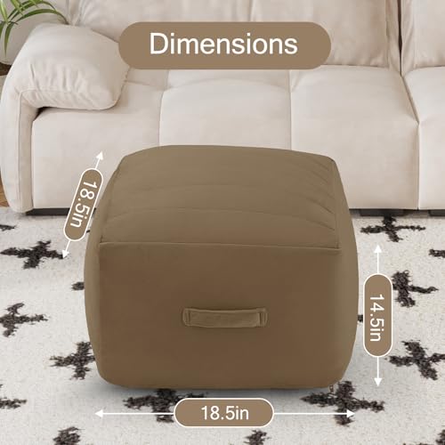 MeMoreCool Square Stuffed Pouf Ottoman Foot Rest, Floor Pouf Foot Stool with Foam Chunk Filling, Soft Stuffed Ottoman Footrest for Living Room, Light Coffee - color: Striped Light Coffee