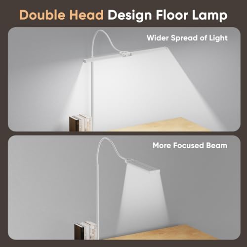 LED Floor Lamp for Living Room, Bright Reading Lamps for Office | 5 Adjustable Colors Temperatures&Brightness, Dual Head Goose Neck Standing Lamp, Remote Control, Eye-Caring Tall Lamp, White - color: White