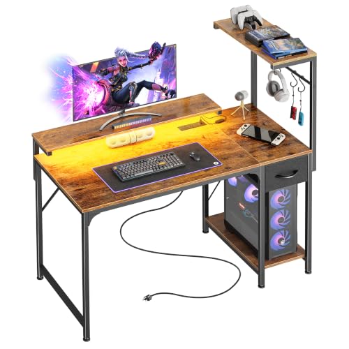PRAISUN 39.4 Inch Gaming Desk with LED Lights & Power Outlets - color: Rustic Brown, size: 39.4 Inch