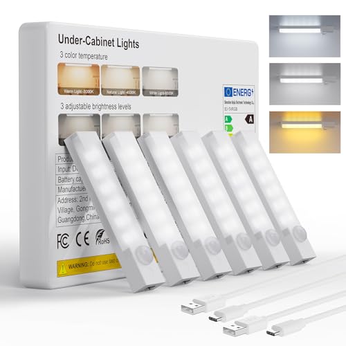 Under Cabinet Lighting 6-Pack Rechargeable Motion Sensor Light Indoor | 3 Color Dimmable Closet Light Battery Operated, USB Stick on LED Magnetic Under Counter Lights for Kitchen Stair, 4 Inches - size: 4inch-6pack