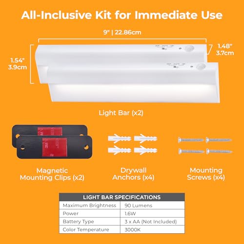 PureOptics LED Battery Operated Under Cabinet Lighting, Motion Sensor On/Off, Warm White LED, Stick-On Install for Kitchen & Closets - 2 Bars - size: 2 Bars