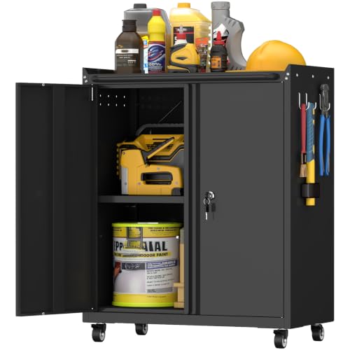 Metal Cabinet with Wheels, Steel Cabine with Locking Doors, Small Cabinet with Adjustable Shelf, Tool Cabinets for Garage, Suitable for Home Office, Garage, Office - color: 32"h - Black