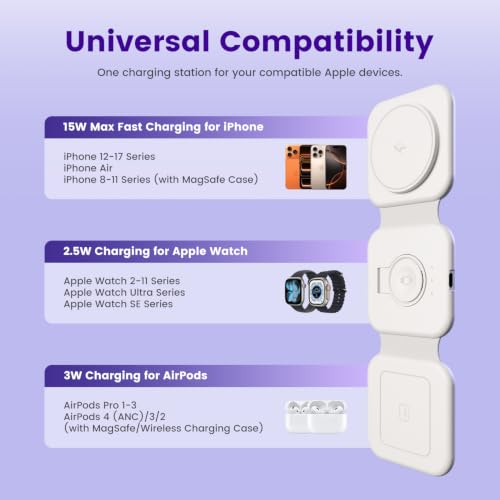 15W Magnetic Travel Charging Station, 3-in-1 Foldable MagSafe Charger - color: White