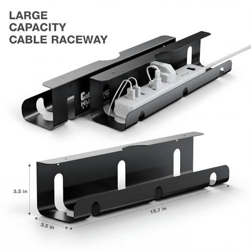 Qiyuan Under Desk Cable Management Tray, 2-Pack No-Drill 16" Cord Organizer | for Standing Desk or Table, Power Strip Holder, Cable Hider, Holds 15lbs, Clamp & Adhesive Mount, Indoor Outdoor, Aluminum