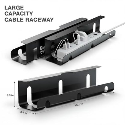 Qiyuan Under Desk Cable Management Tray, 2-Pack No-Drill 16" Cord Organizer | for Standing Desk or Table, Power Strip Holder, Cable Hider, Holds 15lbs, Clamp & Adhesive Mount, Indoor Outdoor, Aluminum