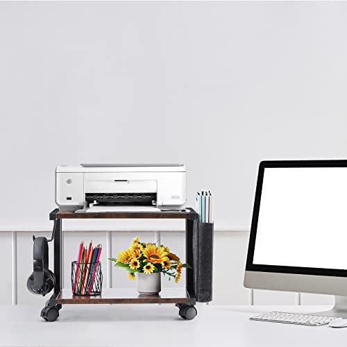 Printer Stand with Storage Bag Under Desk Printer Table on Wheels 2 Tier Small Desktop Rolling Stand Shelf for Fax Machine Scanner Files (Brown) - color: Brown