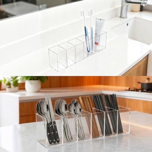5 Pcs Clear Pencil Holder 6 Compartments Acrylic Cosmetic Brush Storage Box Pencil Cup Stationery Holder Makeup Brush Organizer for Bathroom Kitchen Dorm Office Desk Accessories