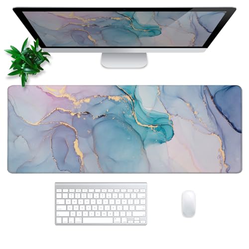 Teal Marble Mouse Pad Abstract Marble Mouse Pad 31.5x11.8 Inch Texture Non-Slip Rubber Base Large Mousepad Stitched Edges Keyboard Mouse Mat Desk Pad for Office and Home - color: Teal Marble