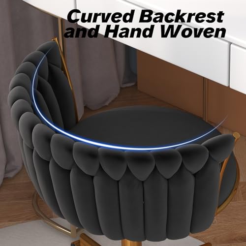 HENGJIANYI Velvet Woven Home Swivel Vanity Desk Chair with Gold Base, Black | Modern Height Adjustable Office Chair with Metal Base and Hand Weaving Back Wheels for Bedroom Study Small Space girl women - color: Black