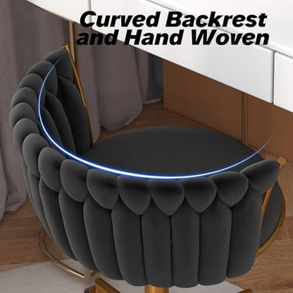 HENGJIANYI Velvet Woven Home Swivel Vanity Desk Chair with Gold Base, Black | Modern Height Adjustable Office Chair with Metal Base and Hand Weaving Back Wheels for Bedroom Study Small Space girl women - color: Black
