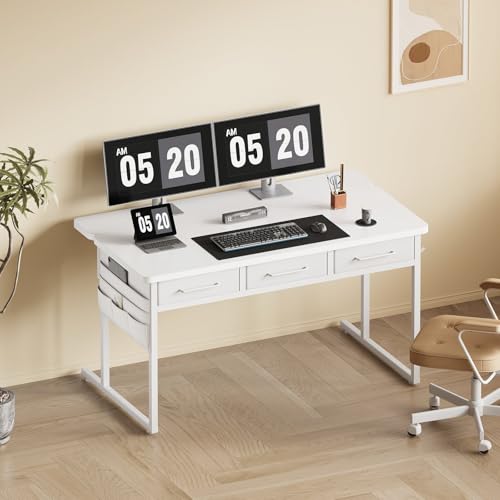 Maihail Computer Desk with Drawers, 47.2X15.8-22.9 Inches Office Computer Desk with Side Pocket & Ergonomic Monitor Stand, Writing Table for Small Spaces, Bedroom, White