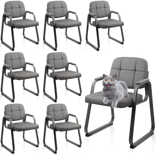 CLATINA Office Reception Guest Chair No Wheels, Leather Stationary Waiting Room Chairs with Padded Arms and Seld Base for Elderly Desk Conference Room Lobby Table Side Salon Grey 8 Pack - color: Grey-sled Base, size: 8 Pack