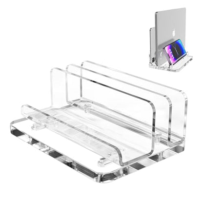 Acrylic Vertical Laptop Stand, 3-in-1 Design with Adjustable Slot Width | Clear Laptop Holder Desktop Space Saving, Supports Suitable for MacBook, IPad, IPhone, Chromebook, Surface, Samsung, Etc