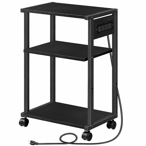 HOOBRO Industrial Printer Stand with Charging Station, 3-Tier Printer Table, Rolling Printer Cart with Adjustable Shelf and Hook, Black BB28UPS01 - color: Black