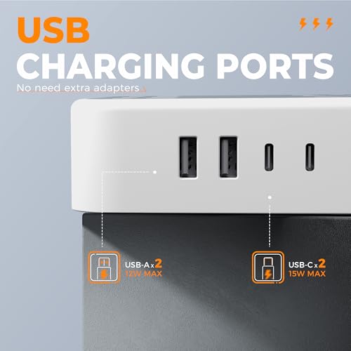 TESSAN Surge Protector Power Strip, 10FT Flat Extension Cord | 12 Outlet Extender with 4 USB (2 USB-C), Flat Plug Power Strip, 1800J Surge Protection, Office, Dorm Essentials, Gray - size: 10 FT