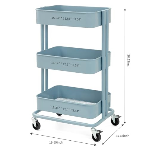 3 Tier Rolling Cart Metal Heavy Duty Utility Cart with Silent Caster Lockable Wheels Multi-Functional Organization Carts Storage Trolley with Mesh Shelves for Office Kitchen Living Room Blue - color: Blue, size: Large
