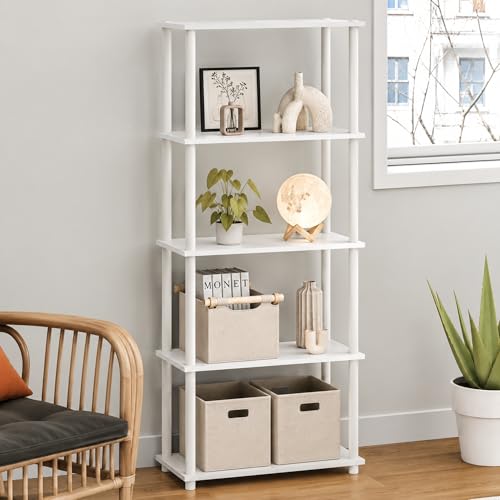 Furinno Turn-N-Tube Toolless Assembly 5-Tier Storage Shelves, Book Shelf, Open Storage Bookshelf, for Organization and Storage, Living Room, Home Office, Bedroom, Plain White - color: Plain White/White