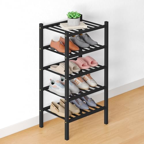 Smiry Bamboo Shoe Rack for Closet, 5 Tier - 17.32" Wide, Black | Stackable Wooden Shoe Organizer, Wood Shoe Storage Shelf for Entryway, 14 Vertical Slats, Reinforced Legs - color: Black, size: 5 Tier - 17.32" Wide