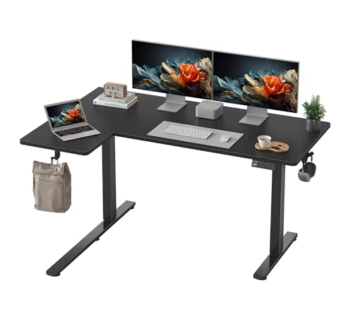YIHAYO Reversiable L-Shaped Electric Standing Desk, 55 Inches Adjustable Height Corner Desk, Sit and Stand Up for Work Office Home, Computer Table with Splice Board, Black - color: Black Frame/Black Top, size: 55*36 Inch