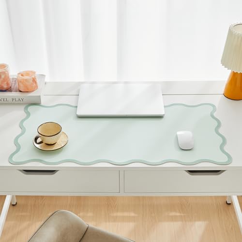 Scalloped Desk Mat, 31.5" x 15.7", PU Leather, Waterproof Anti-Slip, Cute Aesthetic Desk Pad for Office/Home/Game/Vanity (Sage, 31.5" x 15.7") - color: Sage