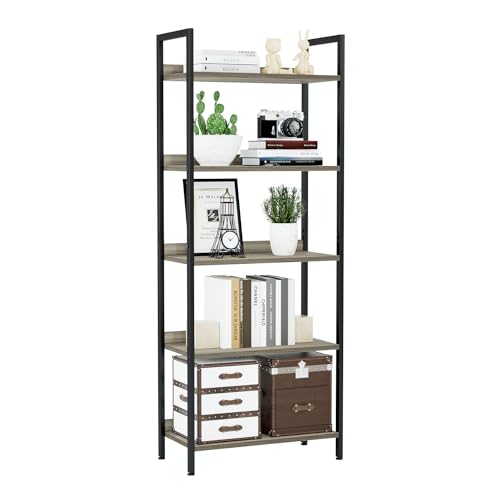 NUMENN Bookshelf, 5 Tier Freestanding Shelving Unit, Grey | Metal Frame & Wood Shelves, Falling Prevention Baffle, Open Storage Bookcase for Bedroom, Living Room & Home Office - color: Grey, size: 5 Tier(Wide)