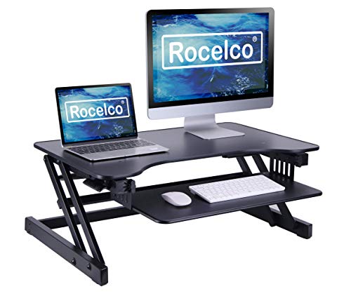 Rocelco 32" Height Adjustable Standing Desk Converter - Slide Out Retractable Keyboard Tray - Sit Stand Up Double Monitor Riser - Dual Piston Lift Assist Tabletop Computer Workstation - Black (R ADRB) - color: Black, size: 32", style: Riser Only